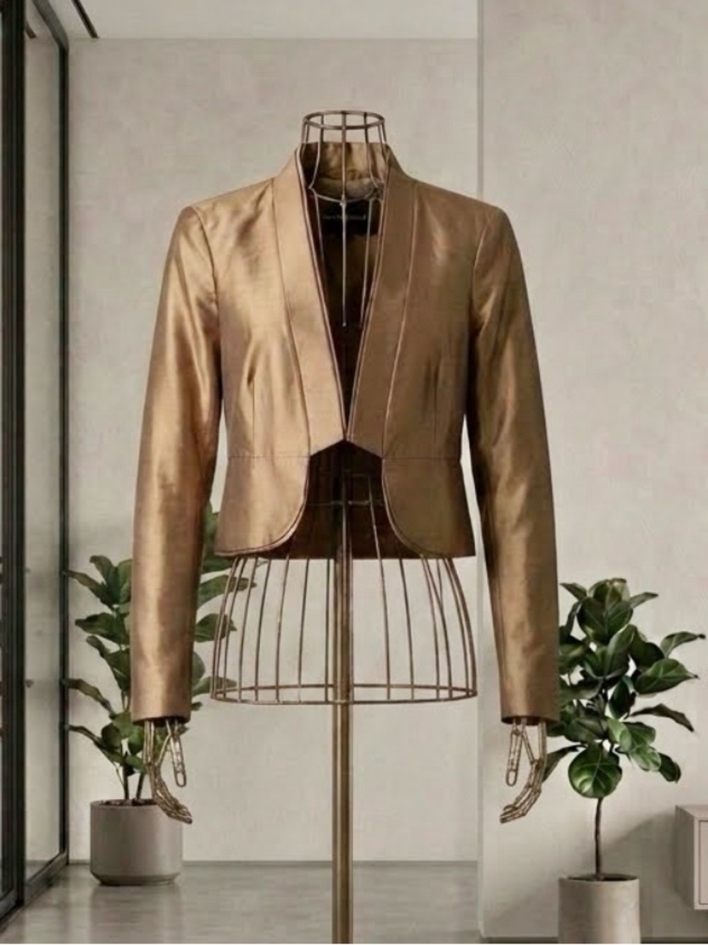 TARA JARMON  Metallic Bronze Silk Open-Front Cropped Blazer